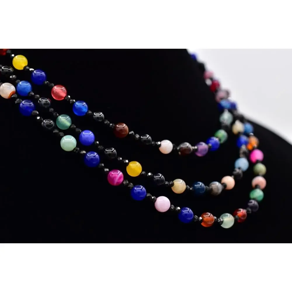 Vintage Multi-Strand Colorful Glass Cabochon Beaded Necklace Crystal 1980s BinAU